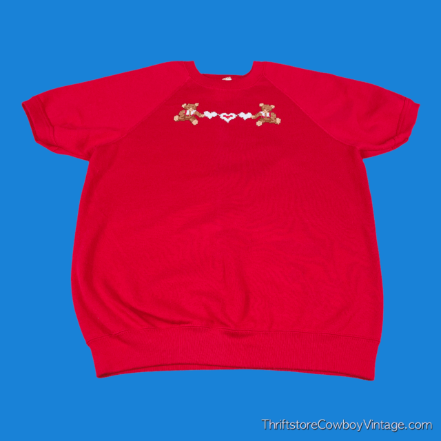 Vintage 90s Teddy Bear Heart Cross Stitch Short Sleeve Sweatshirt SMALL/MEDIUM 3