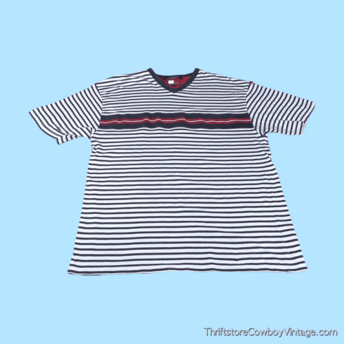 Vintage 90s Tommy Hilfiger V Neck Striped T-Shirt LARGE