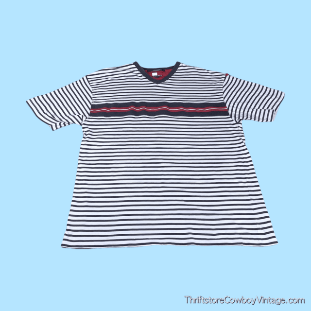 Vintage 90s Tommy Hilfiger V Neck Striped T-Shirt LARGE 3