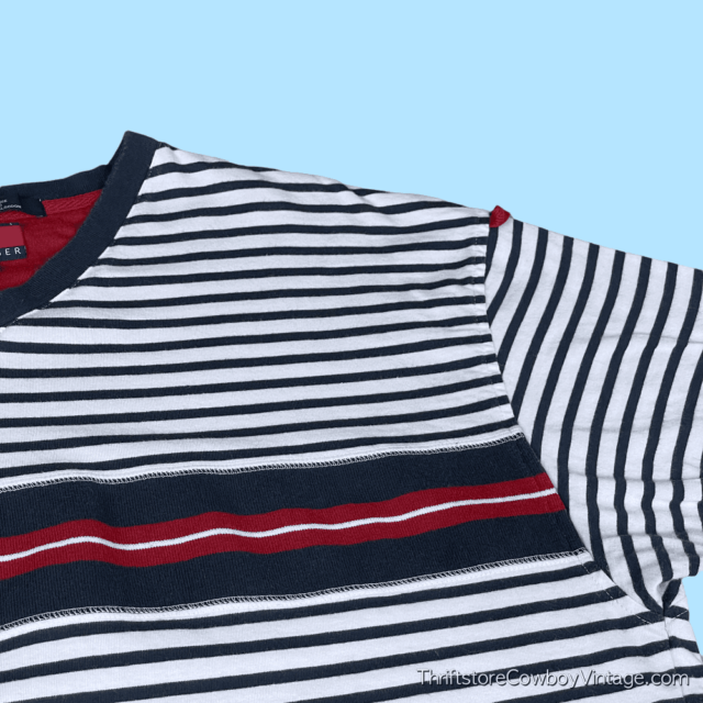 Vintage 90s Tommy Hilfiger V Neck Striped T-Shirt LARGE 4
