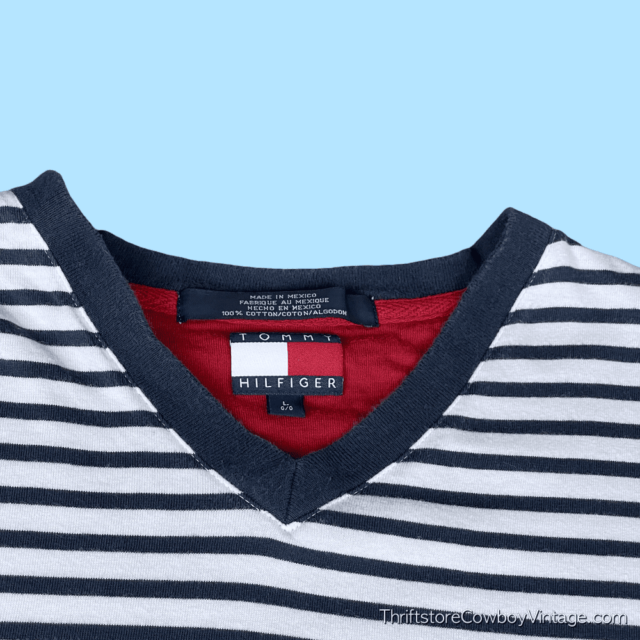 Vintage 90s Tommy Hilfiger V Neck Striped T-Shirt LARGE 5