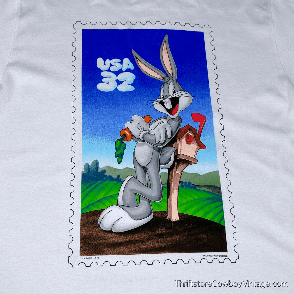 Vintage 90s Bugs Bunny Postage Stamp T-Shirt LARGE 2