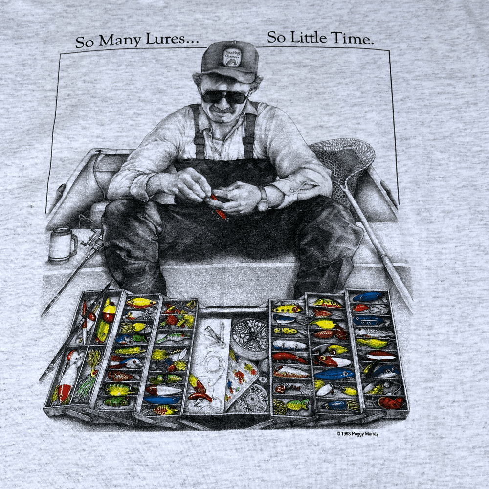 Vintage 90s So many Lures So Little Time Fishing T-Shirt XL 2