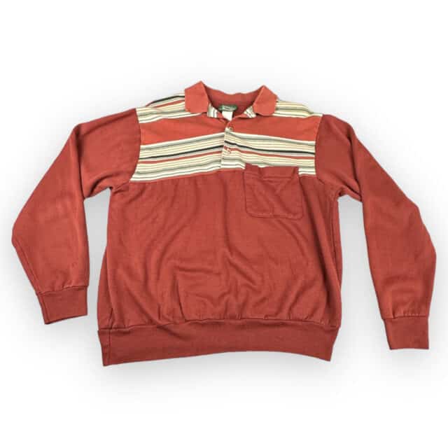 Vintage 80s Burnt Orange Striped Long Sleeve Polo Shirt MEDIUM 3