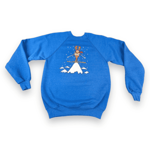 Vintage 80s Skiing Reindeer Kids Raglan Sweatshirt LARGE 14-16