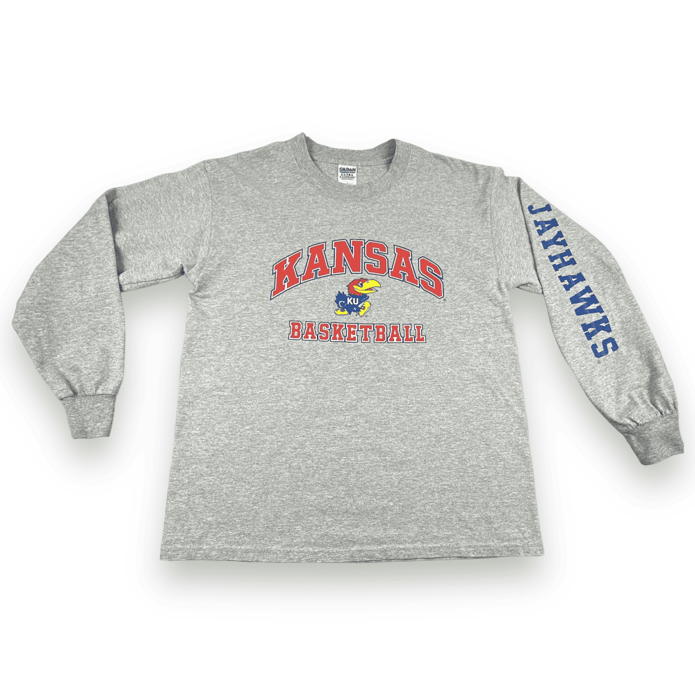 Vintage Kansas Jayhawks Shirt 90s Basketball Gray Long Sleeve Adult LARGE