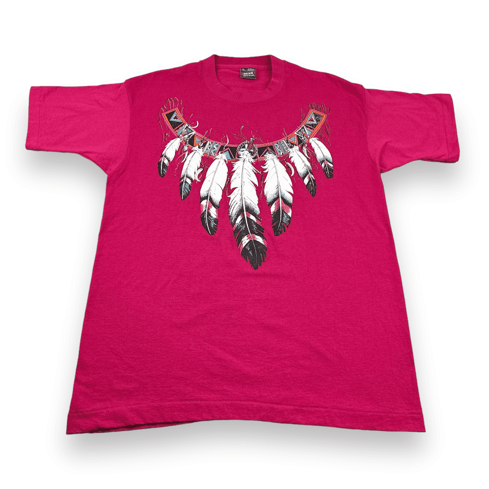Vintage Feather Necklace Shirt 90s Pink Native American Adult LARGE