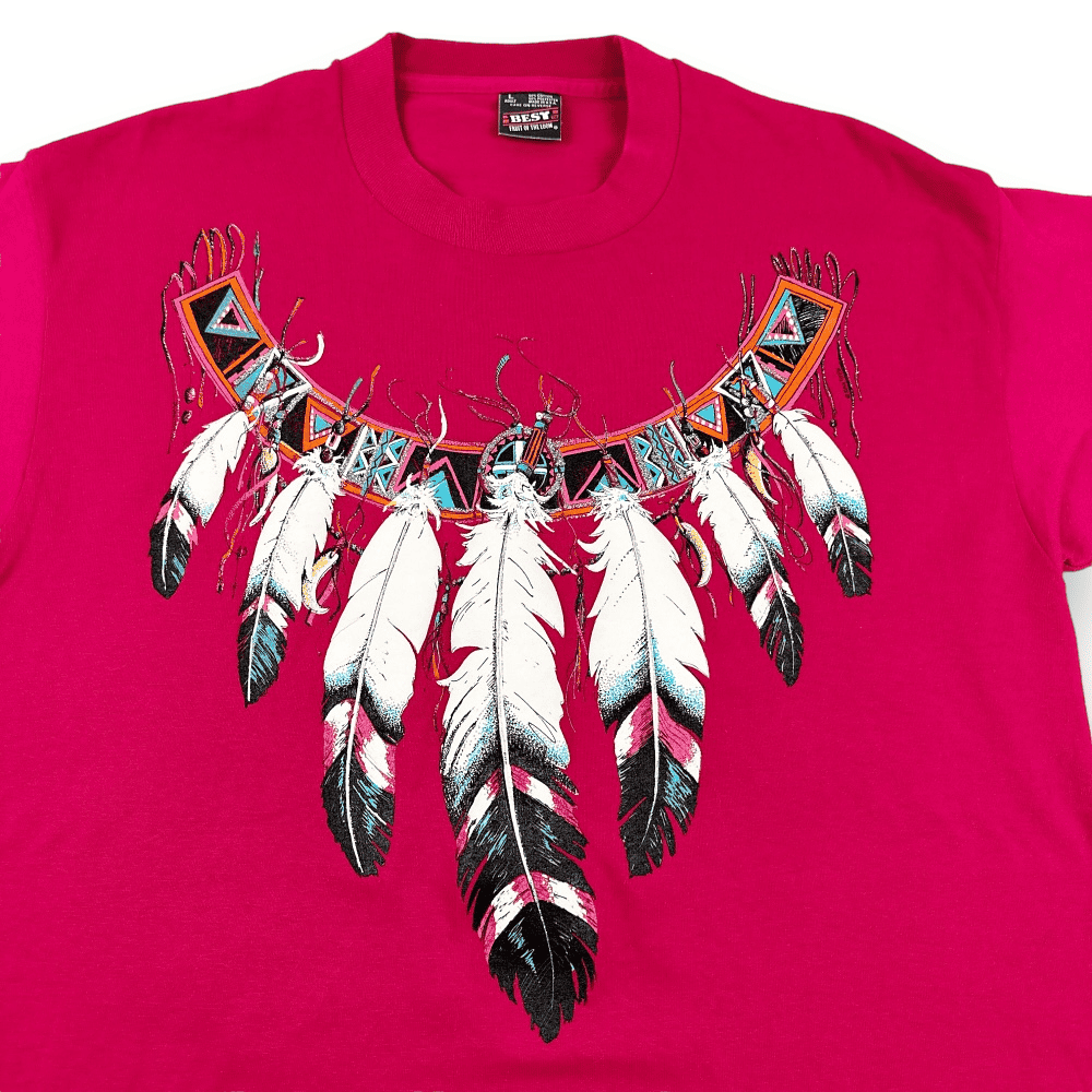 Vintage Feather Necklace Shirt 90s Pink Native American Adult LARGE