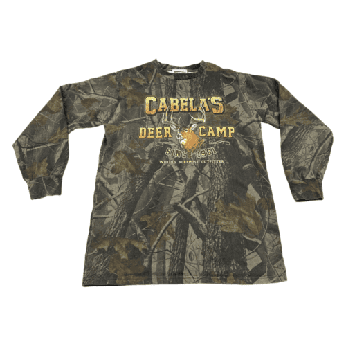 Vintage Cabelas Shirt Woodland Camo Allover Deer Camp Hunting Adult MEDIUM