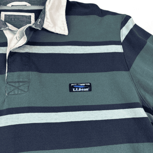 LL Bean Polo Shirt Green Blue Striped Rugby Long Sleeve Adult EXTRA LARGE