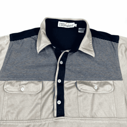 Vintage 80s Striped Polo Shirt Beige Blue Pro Celebrity Adult MEDIUM