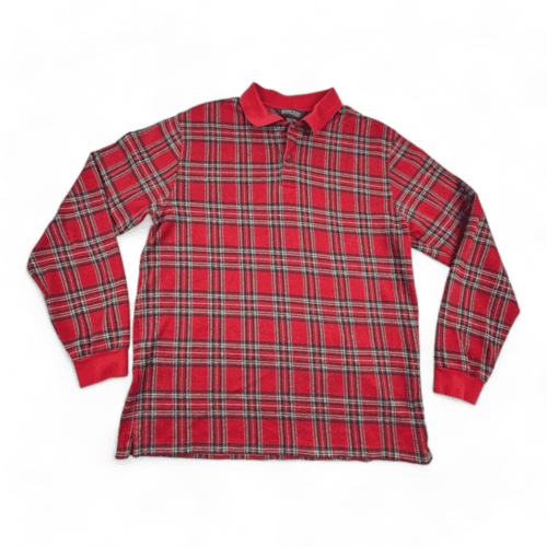 Vintage Lands End Polo Shirt 80s Red Plaid Adult MEDIUM