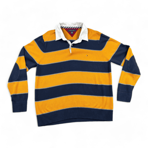 Tommy Hilfiger Sweater Yellow Blue Striped Rugby Polo Adult EXTRA LARGE