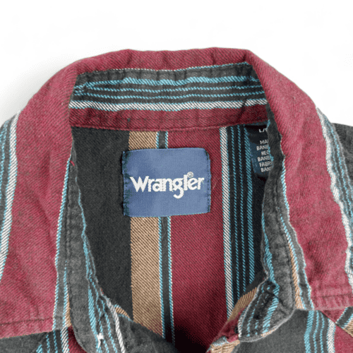 Vintage Wrangler Western Shirt Pearl Snap Striped Black Burgundy Flannel Adult LARGE