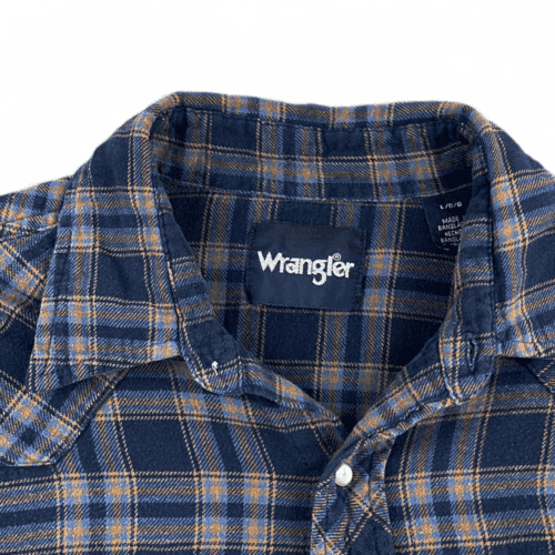 Wrangler Western Shirt Blue Plaid Flannel Pearl Snap Adult LARGE