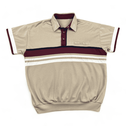 Classics By Palmland Polo Shirt Beige Burgundy Pocket Stripes Banded Adult LARGE