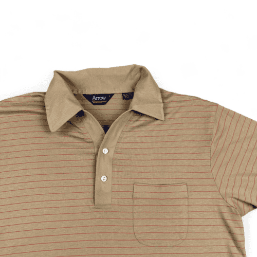 Vintage Striped Polo Shirt 70s Beige Arrow Pocket Adult MEDIUM