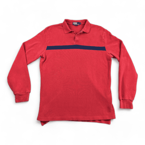 Vintage Ralph Lauren Polo Shirt 90s Red Snap Buttons Blue Stripe Adult LARGE