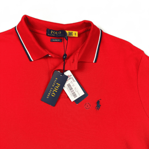 Ralph Lauren Polo Shirt Classic Fit Red Trim Collar Adult LARGE