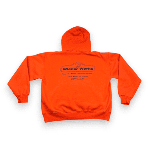Vintage Wiener Works Sweater Orange Hoodie Pullover Hot Dogs Y2K Adult LARGE